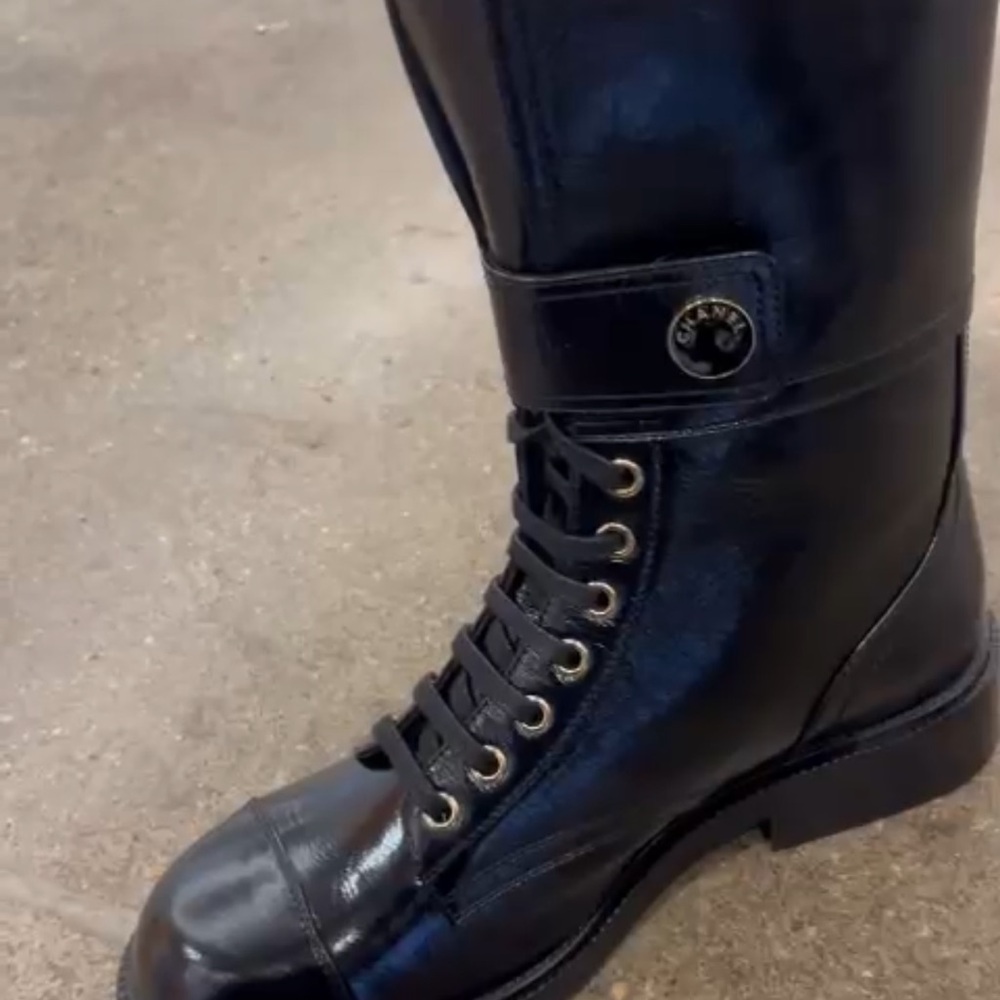 Chanel Black Leather Combat Boots